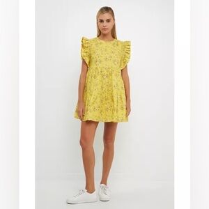 NWOT English Factory Floral Mini Dress Smocking Detail Yellow S